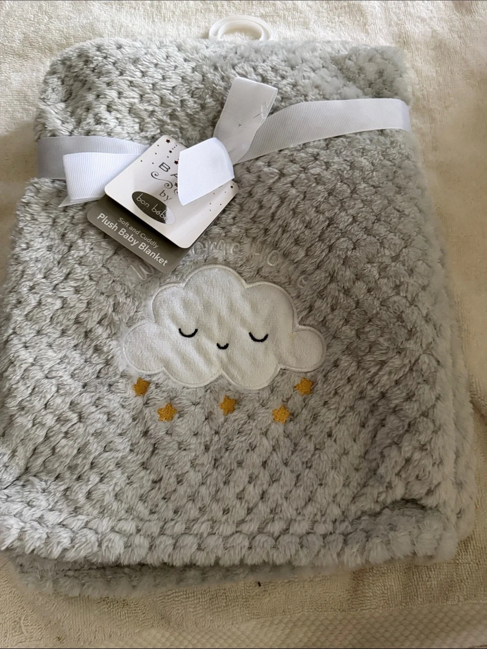 Plush Baby Blanket with Cloud Embroidery - Gray